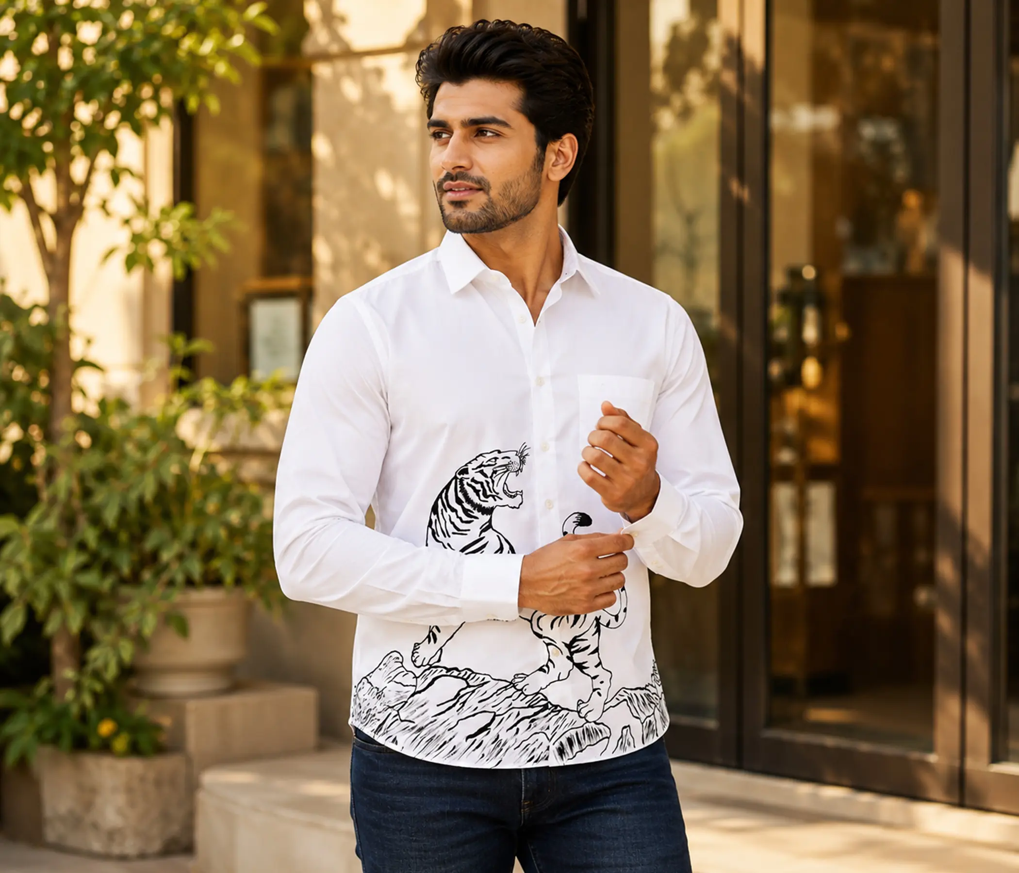 Royal Tiger Illustrated White Cotton Shirt - Premium Long Sleeve Mens Business Casual Button Shirt